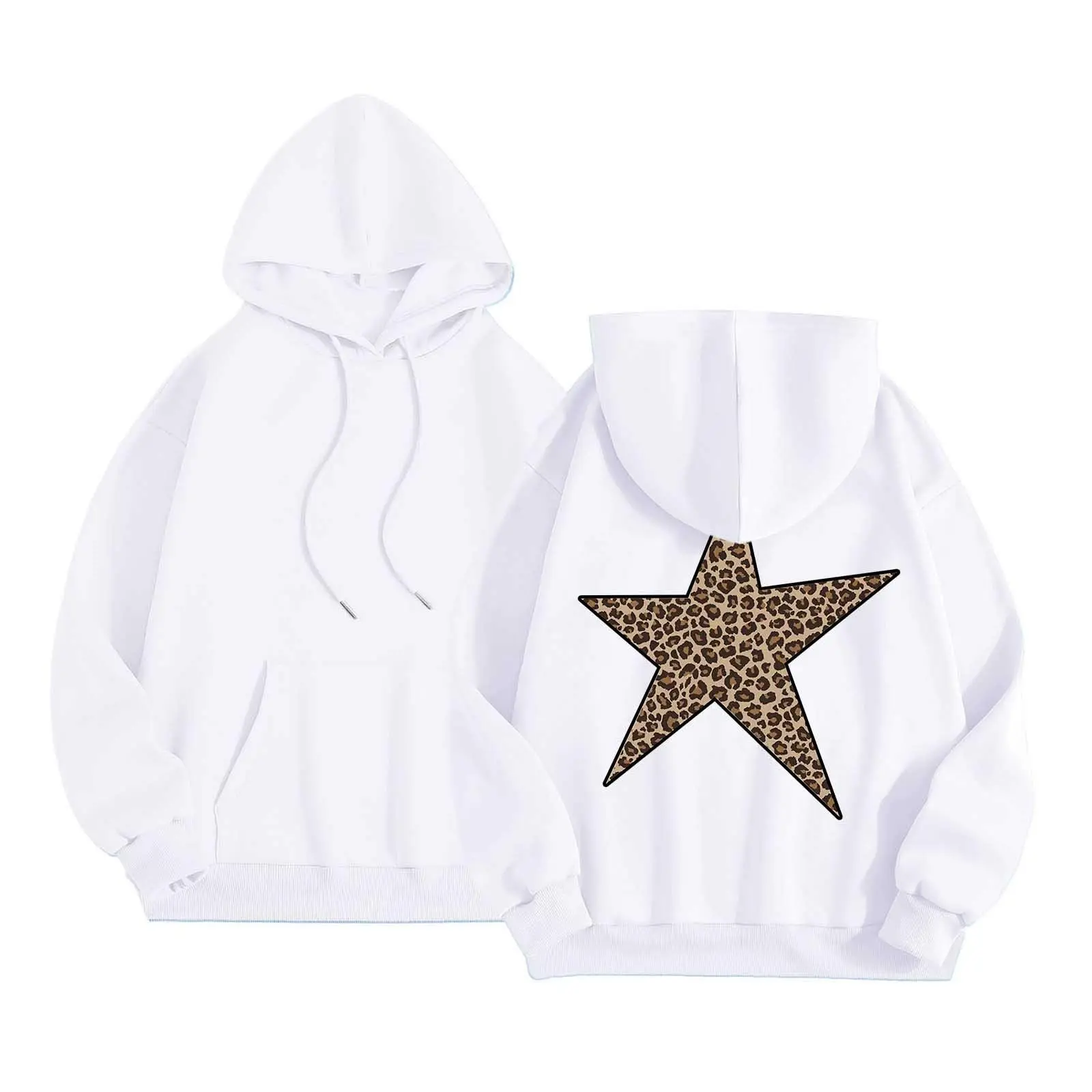 Women Oversize Hoodies With Back Star Leopard Printed Long Sleeve Hooded Sweatshirts Autumn Winter Streetwear Casual Pullover