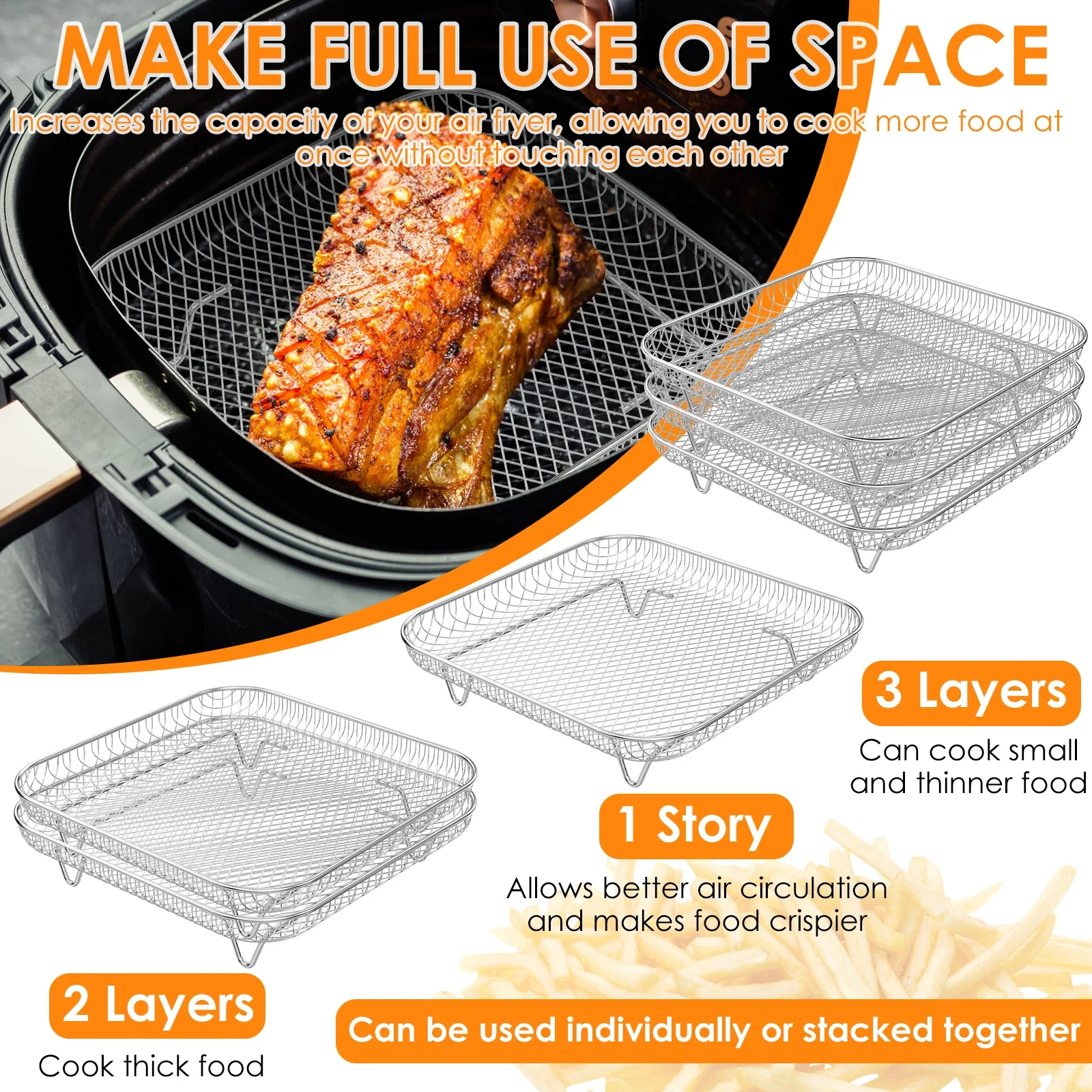 3Layer Air Fryer Rack Square Air Fryer Grill Rack Stainless Steel Grill Dehydrator Stackable Basket with 8