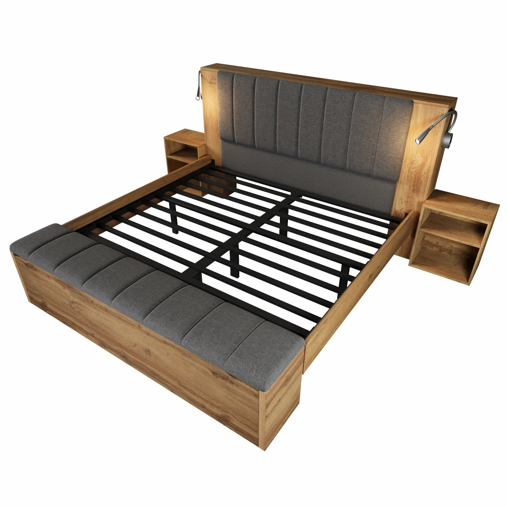 Doppelbett aus Holz mit klappbarem Kopfteil, Leinen, Bett mit Stauraum und zwei Nachttischen, Leselampen mit USB, Schiefergrau – Detail 24