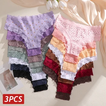 3Pcs Cotton Lace Patchwork Bikini Panties Women Seamless Floral Print Brazilian Pants Low Waist Breathable Female Sexy Lingerie