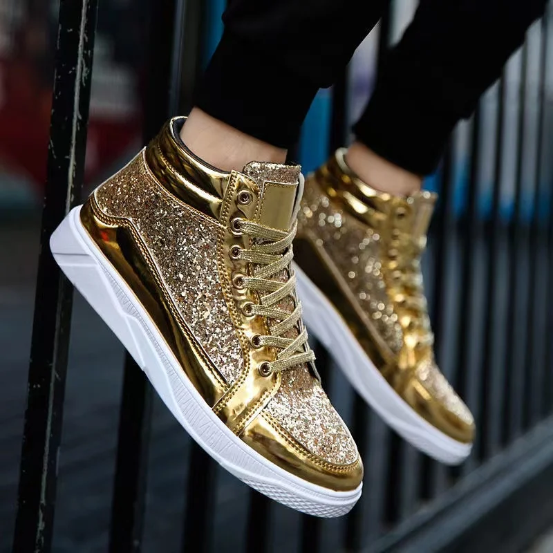 Mens Gold High Top Sneakers Gold Men Fashion | High Top Men Shoes Gold - Men's Vulcanize Shoes - Aliexpress