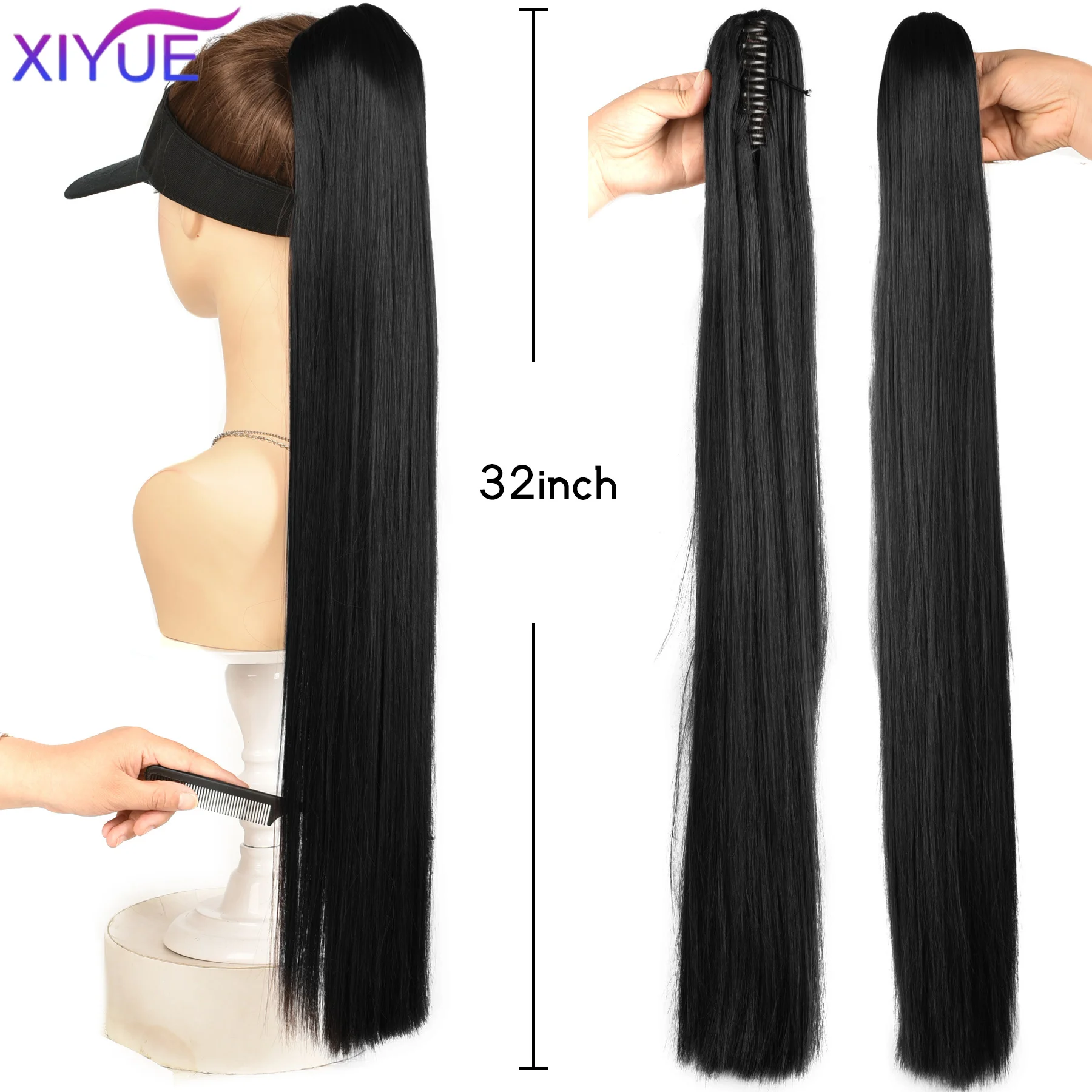32Inch Synthetic Long Straight Claw Clip On Ponytail Hair Extensions Heat Resistant Ponytail Blonde Black Hairpiece for Women