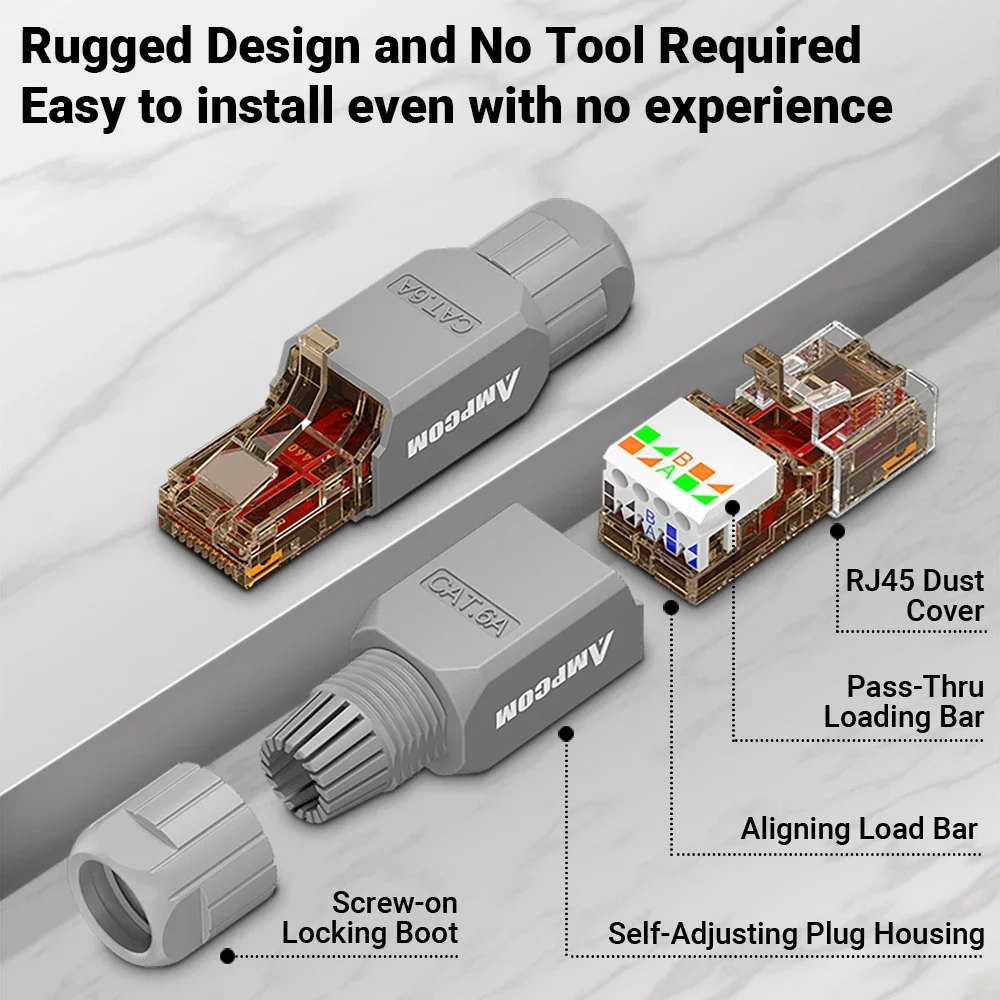 AMPCOM RJ45 Toolless Connector CAT6A CAT6 UTP Field Modular Plug Tool free  Reusable Termination Lan Plugs With Terminate Tools