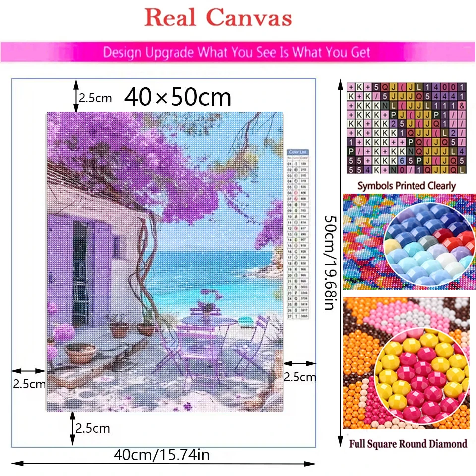 5D 다이아몬드 페인팅 지중해 해안 풍경 풀드릴 DIY 다이아몬드 아트 키트, 레몬 나무 모자이크 자수 성인용 선물
