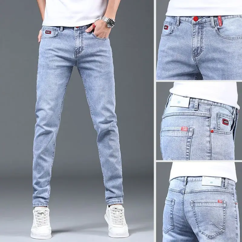 New Spring and Autumn Blue Washed Korean Fashion Casual Solid Slim Cowboy Stretch Denim Teenagers Luxury Pants Tight Men Jeans