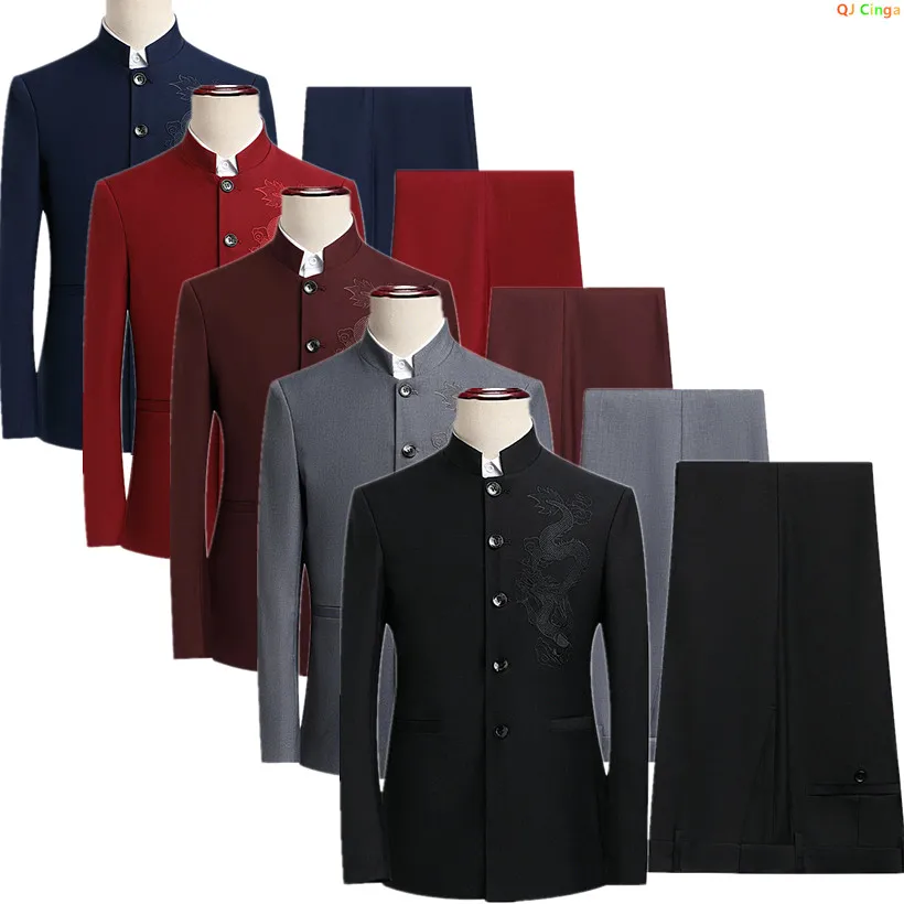 China Style Men Black Suit Two Piece Single Breasted Lapel Jacket with Trousers Asian Size M-6XL Wedding/Party/Business Suits