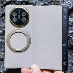 Premium Genuine Leather Flip Case with Dual Screen Protection and Magnetic Smart Window Cover for Huawei Mate X5 (Titanium Gold)