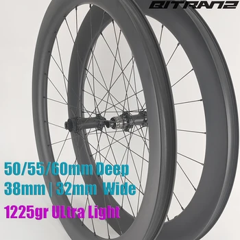 Set di ruote per bici da ghiaia Ultra 700C da 1225g 50/55/60mm profondità 38mm 32mm larghezza disco ruote per bicicletta da strada Tubeless copertoncino gancio senza gancio