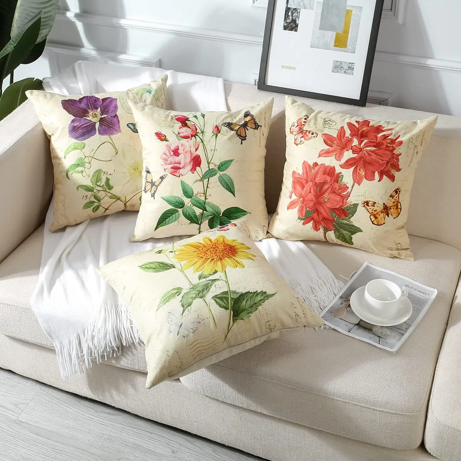 LinenSquarePillowCoverPillowcases50x50FlowerButterflyPatternDecorationCushionCover