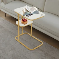Table d'appoint en forme de C Table basse Table d'appoint de canapé à 2 niveaux Table de collation avec étagère de rangement pour salon chambre cadre en métal blanc 5