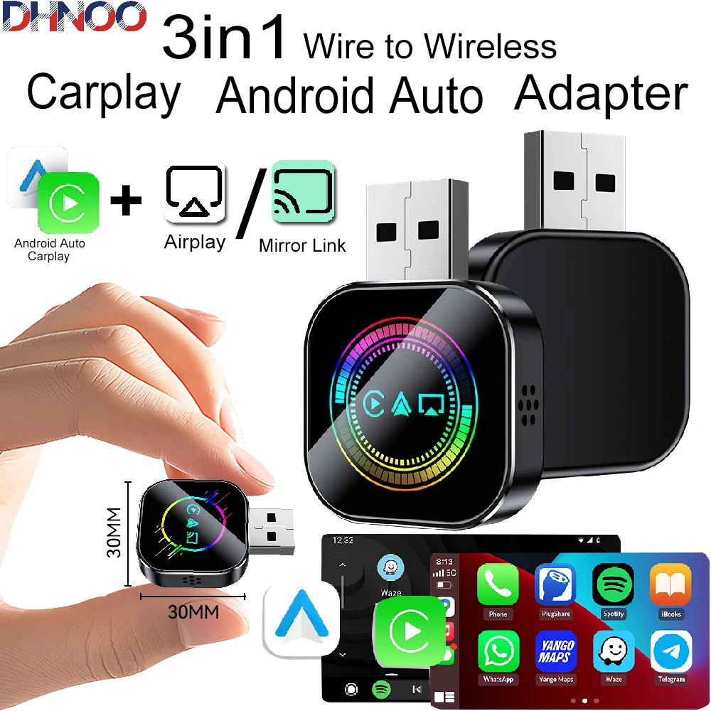 Wireless Adapter 3 In 1 Per Auto, CarPlay/Android Auto/AirPlay, WiFi 2.4/5 GHz E Bluetooth 5.0, Plug And Play, Compatibile IOS E Android