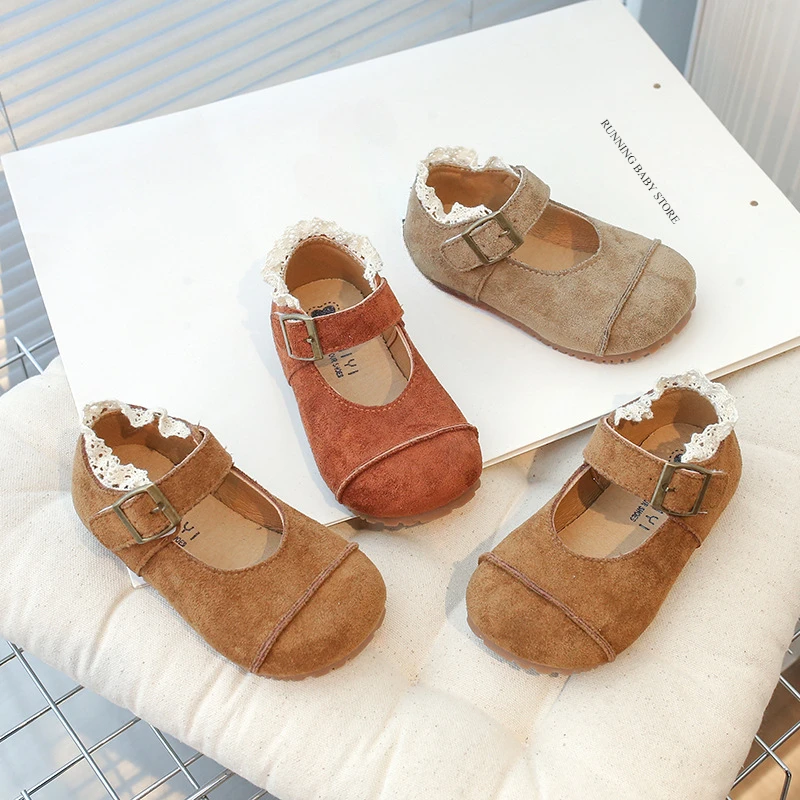 Spring Autumn Kids Flats Shoes Lace Ruffles Little Girls Princess Suede Shoes Soft Hook Loop Non Slip Children I02013