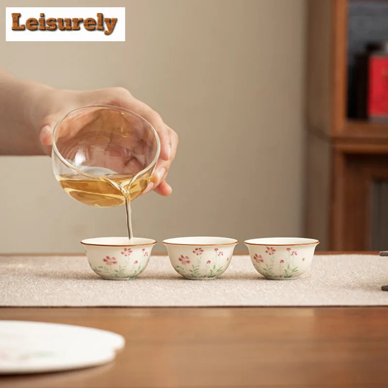 Off-white Hand Painted Flowers Travel Tea Set Kit Retro 1 Bowl 3 Cups Tea Maker Organizer Portable Outdoor Stock Bags Ornaments