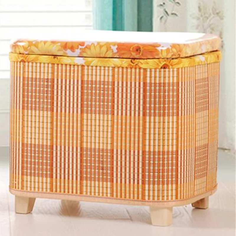 Bamboo Woven Storage Stool and Multi-Functional Wooden Bench