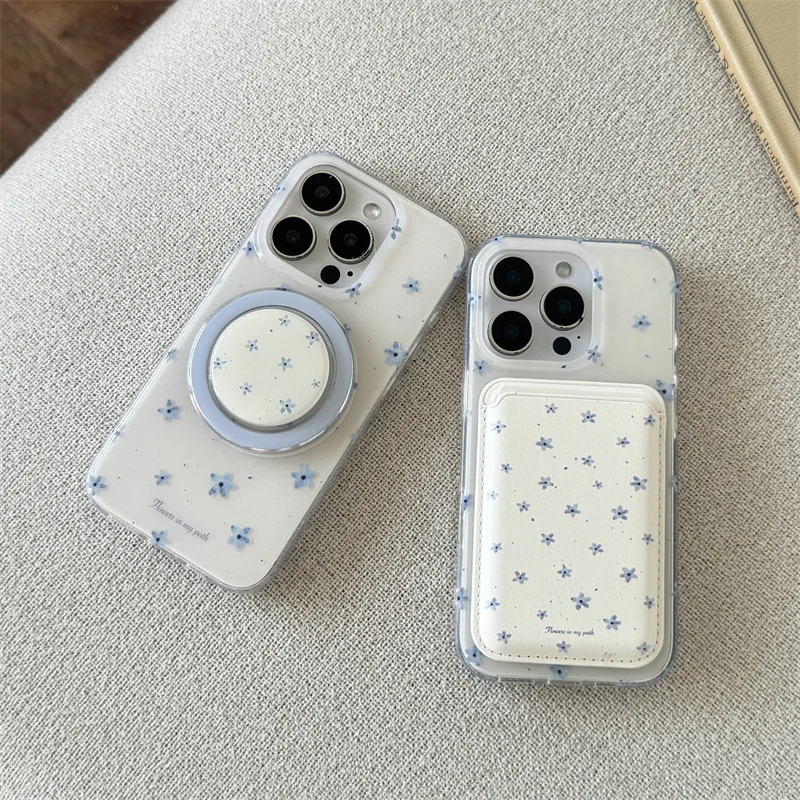 Korean Ins Flower Magnetic Stand Phone Case with Magsafe Card Holder