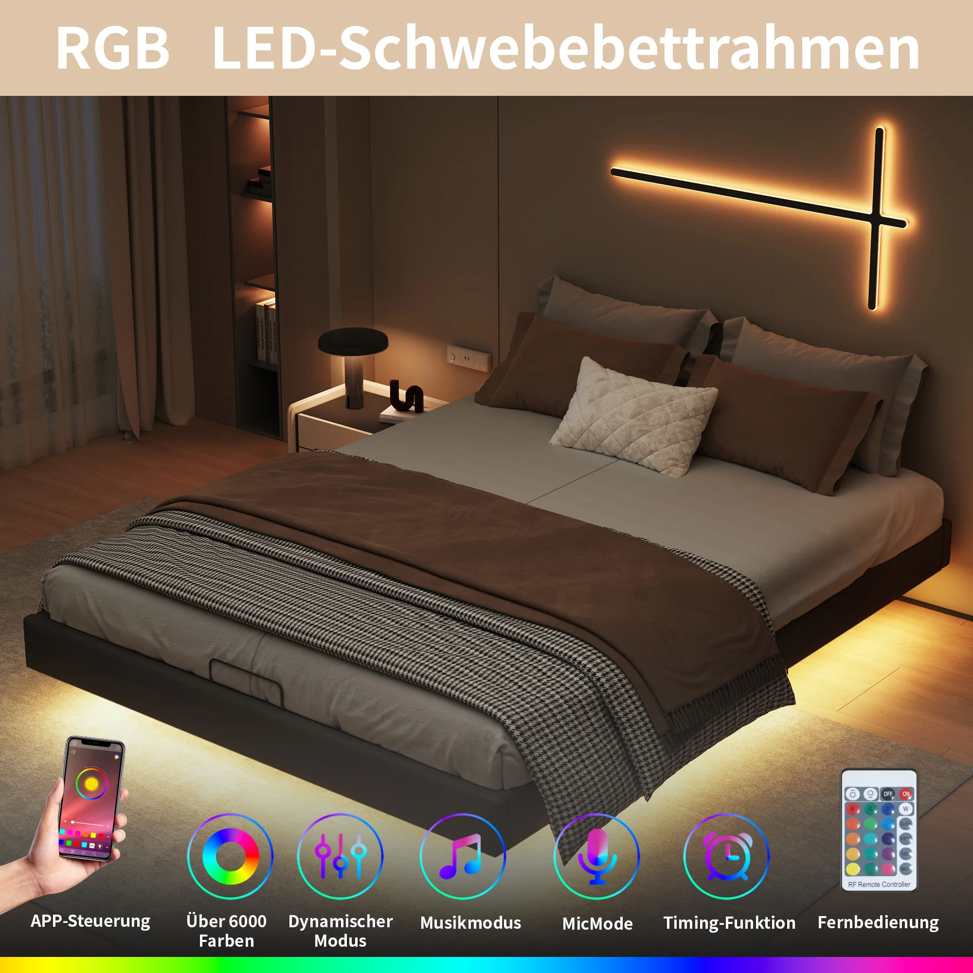 Comanlai Bed Frame 160x200cm with LED Lighting and Storage Space, Floating Bed Frame with Metal Slatted Frame, Without Mattress