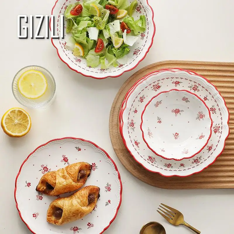 French Ceramic Kitchen Dishes Food Plates Sets Flowers Dinnerware Household Salad Bowl Plate Household Plates Dinner Sets