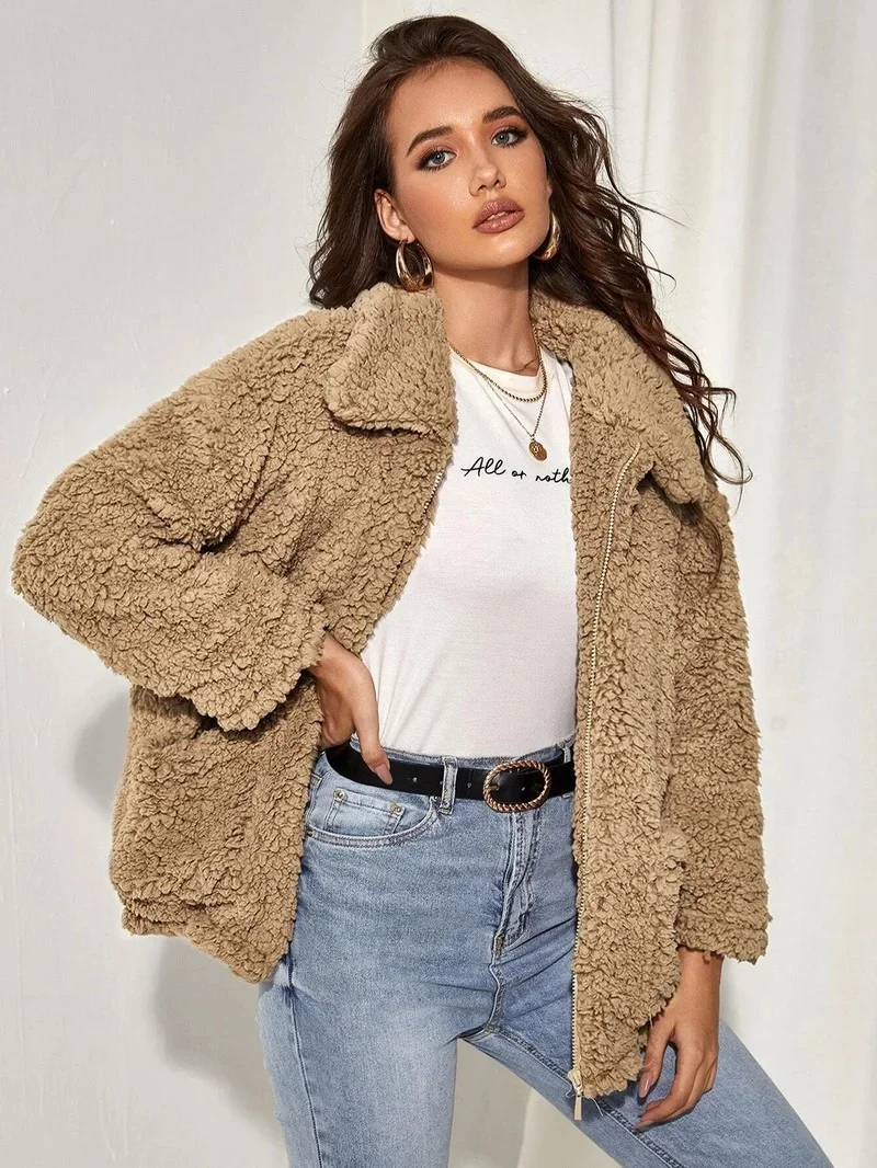 Imitation Lamb Wool Coat Women Autumn Winter Warm Thick Faux Fur Coats Solid Colors Zipper Style Furry Jackets Fashion Outwears imitation fur coat 2021 autumn and winter lapel furry coats plush warm overcoat