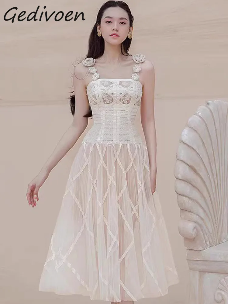 

Зимнее модное дизайнерское белое винтажное платье Gedivoen на бретельках, женское длинное облегающее Сетчатое платье с квадратным вырезом и кружевной вышивкой и высокой талией