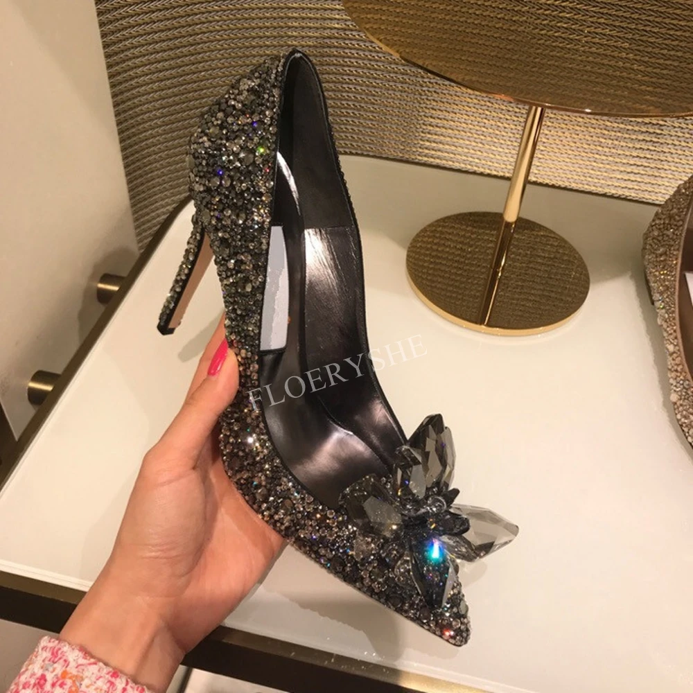 

Black Crystal Sexy Stiletto Pumps Summer New Arrival Solid Luxury Women Thin High Heel Rhinestones Weeding Sexy Design Shoes