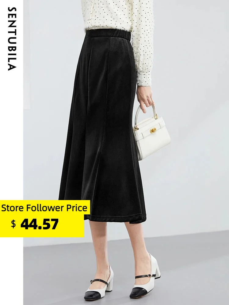 

Sentubila Hepburn Style Mermaid Black Skirt for Women Midi Elegant Fashion Trumpet Pleated Hip Flocked Skirts Woman 134Q52738