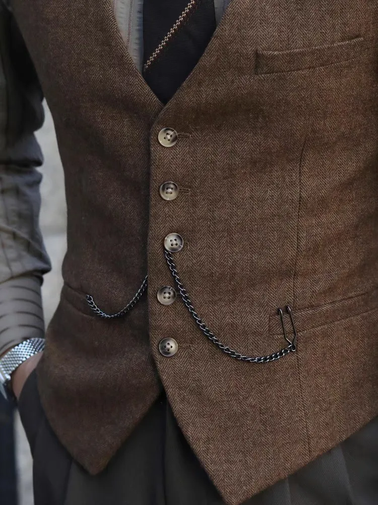 Elegante braune einreihige Woll-Tweed-Hochzeitsanzugweste im britischen Vintage-Stil mit Fischgrätenmuster und Fischgrätenmuster – Detail 6