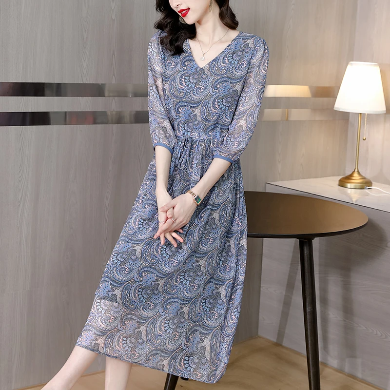 

Женское шифоновое платье с принтом, разноцветное свободное Повседневное платье в стиле ретро с V-образным вырезом, лето 2023