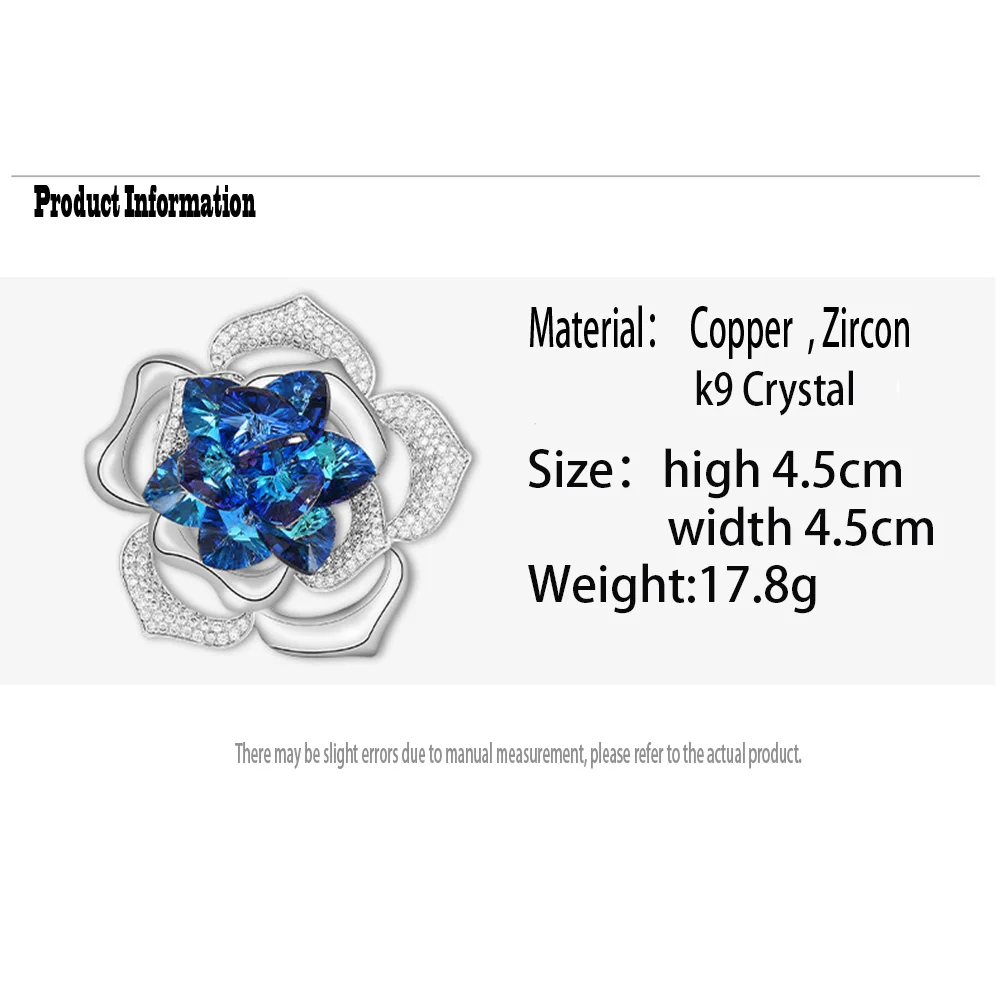 Crystal Flower Brooch Pins Exquisite Blue Rose Brooches Elegant Badge Jewelry Fashion Wedding Party Corsage Pins Gift for Women