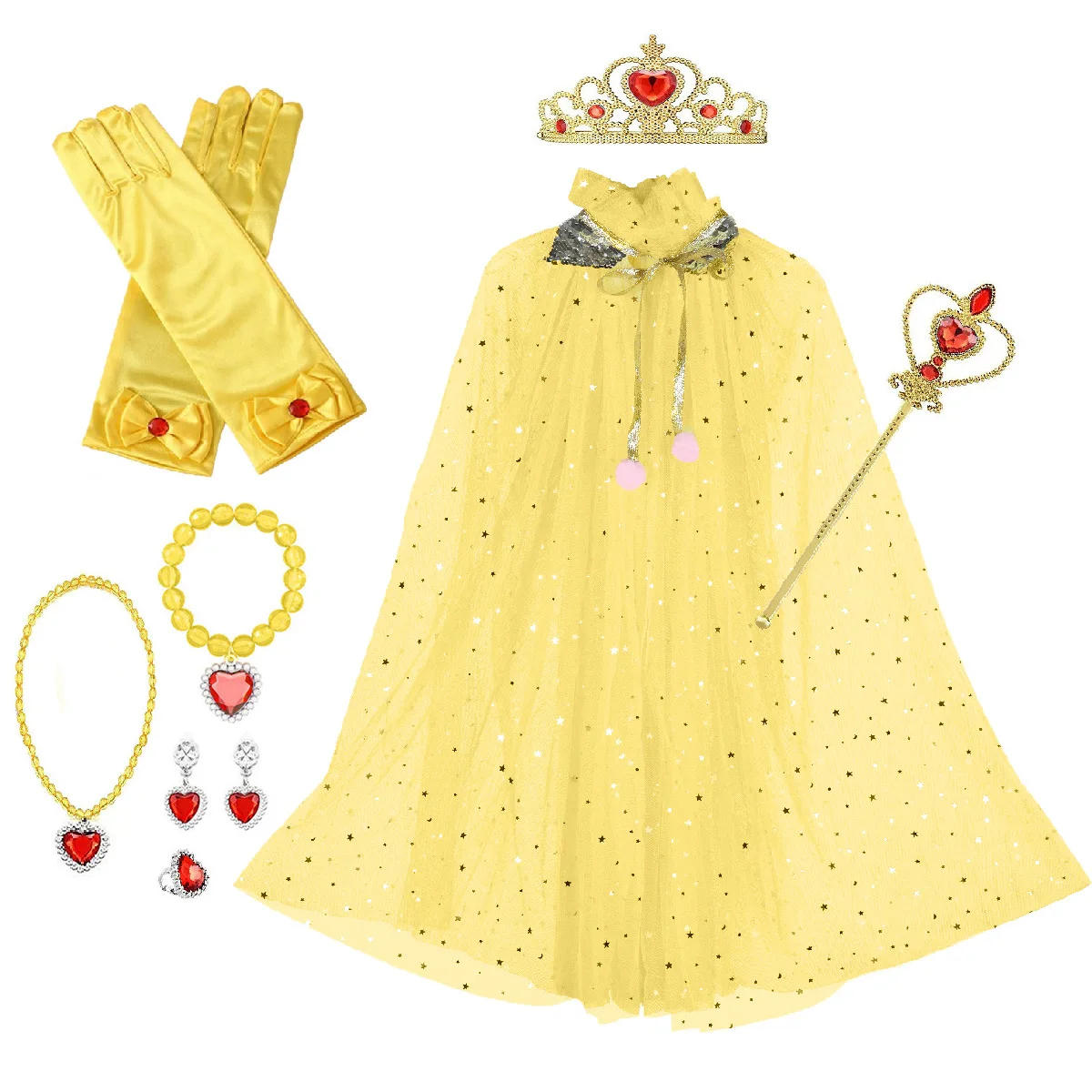 Girl Princess Accessory 7pcs Cloak+Gloves+Necklace Set Sequins Cape Baby Girl Birthday Party Aurora Belle Cosplay School Show