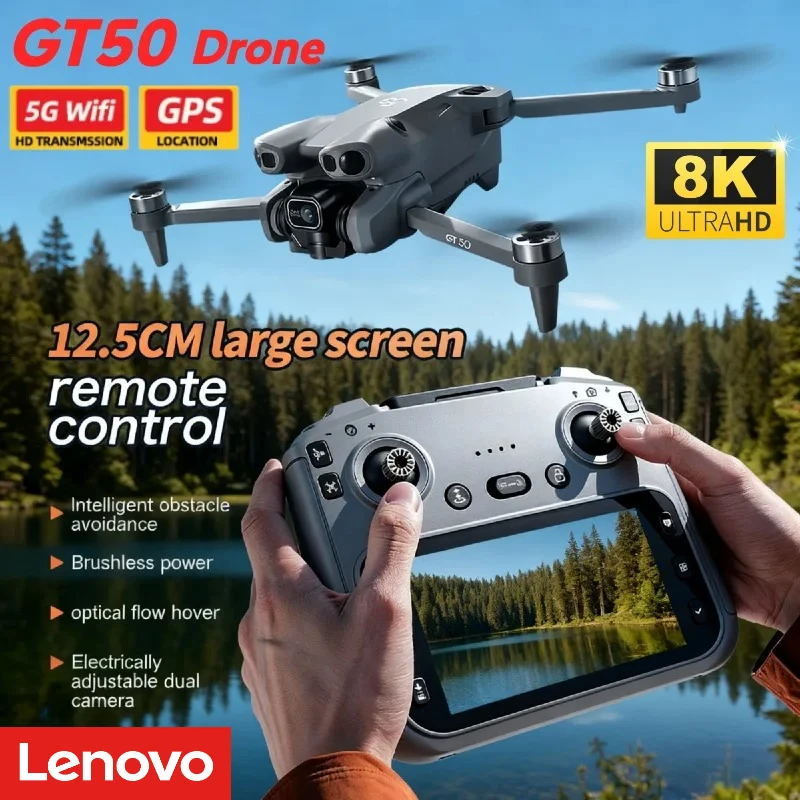 Drone Lenovo GT50 con Doppia Fotocamera 5G 8K, Velivolo Aereo con Evitamento Ostacoli, GPS Fisso, Telecomando, Quadricottero Pieghevole, Regalo