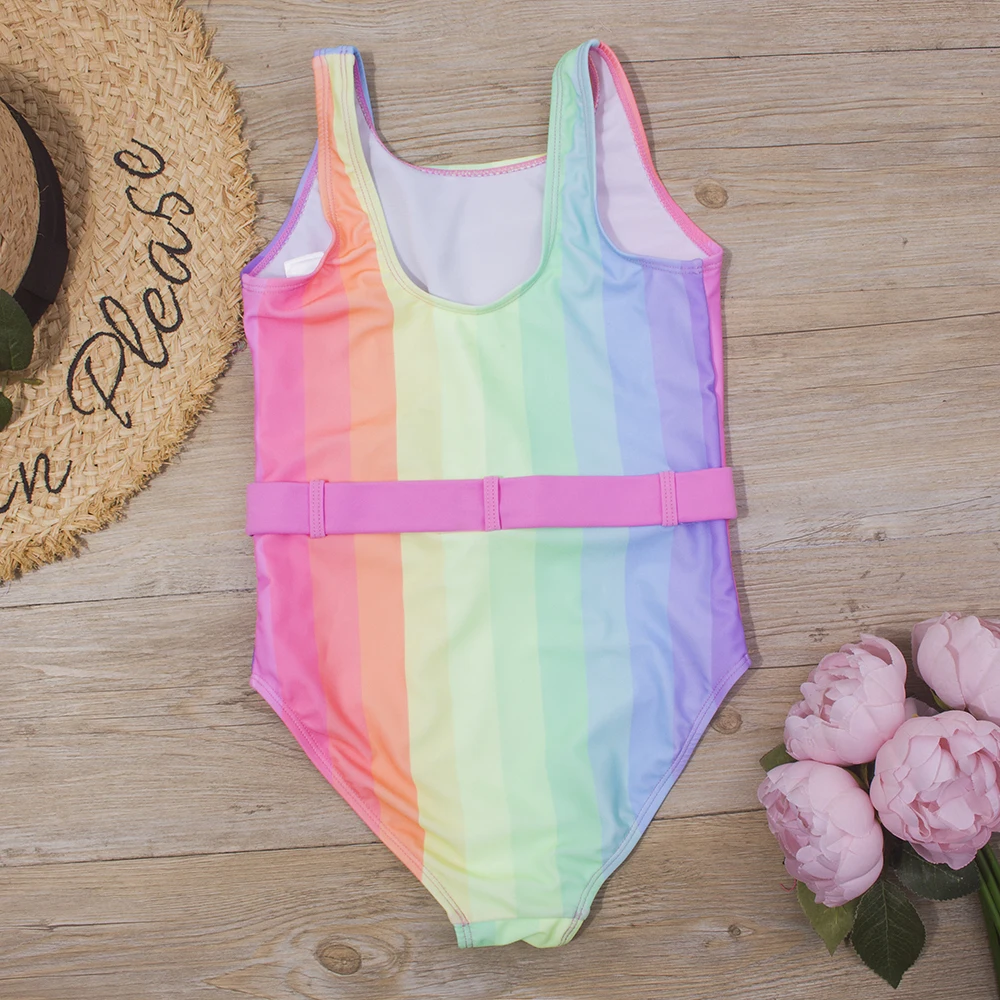7-14 Years Rainbow Print Kids Girls One Piece Swimsuit Children Baby Summer Swimwear Monokini With Belt Brand Child Bathing Suit, one piece swimsuit, children swimsuit, unicorn swimsuit, children swimsuits