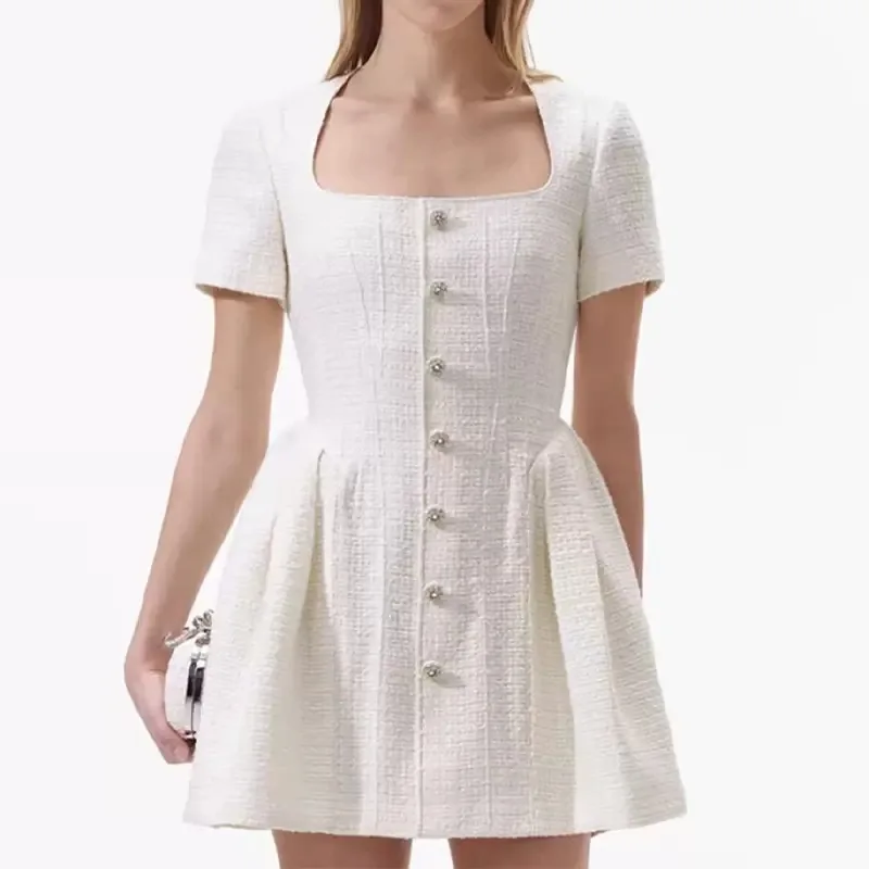 

Square Neckline Short Sleeve Tweed Dress Fashion Sweet Waist High Quality Korea Chic White Small Fragrance Female Short Dress