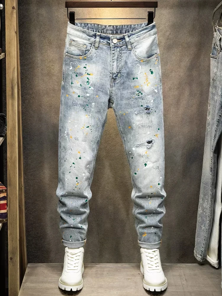 Street Fashion Men Jeans Retro Light Gray Blue Elastic Slim Fit Ripped Jeans Men Painted Designer Hip Hop Vintage Pants Hombre