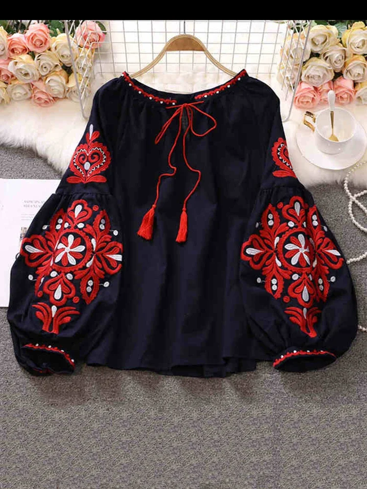 Women's Retro Blouse National Style Embroidered Lace-Up Tassel V
