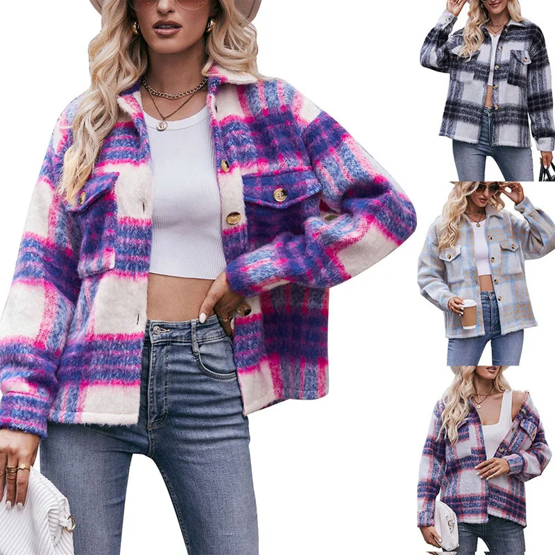 2023 New Autumn and Winter Trend Fashion Lapel Plaid Patchwork Wool Short Style Temperament Commuting Loose Wool Thick Coat