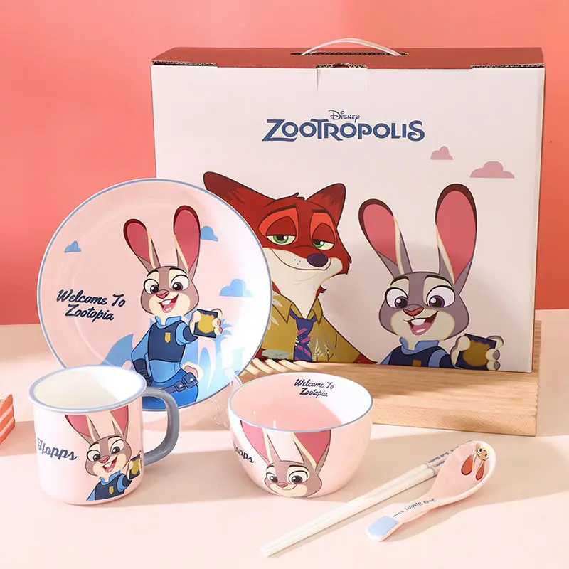 

Disney Zootopia Judy Hopps Ceramic Rice Bowl Tableware Set Anime Nick Wilde Kitchen Plate Home Cute Five-Piece Creative Gift Box