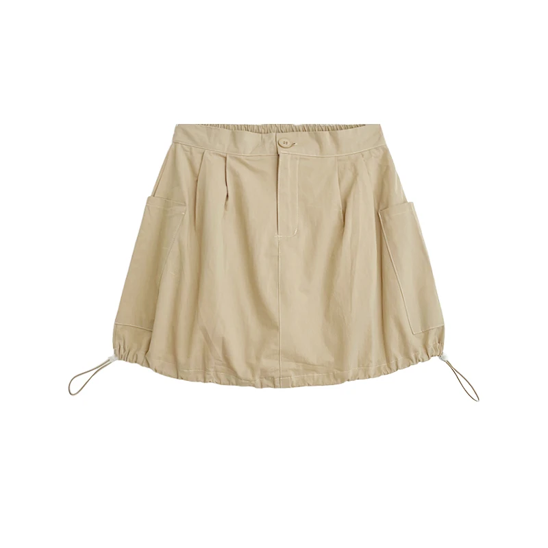 Pocket khaki elastic high waist slim drawstring A-word skirt