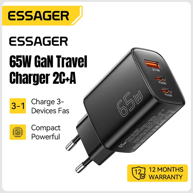 Essager 65W GaN Charger USB Type C Charger PD QC4.0 Quick Charge For Macbook Laptop IPad Tablet iPhone 17 16 15 14 Fast Charger