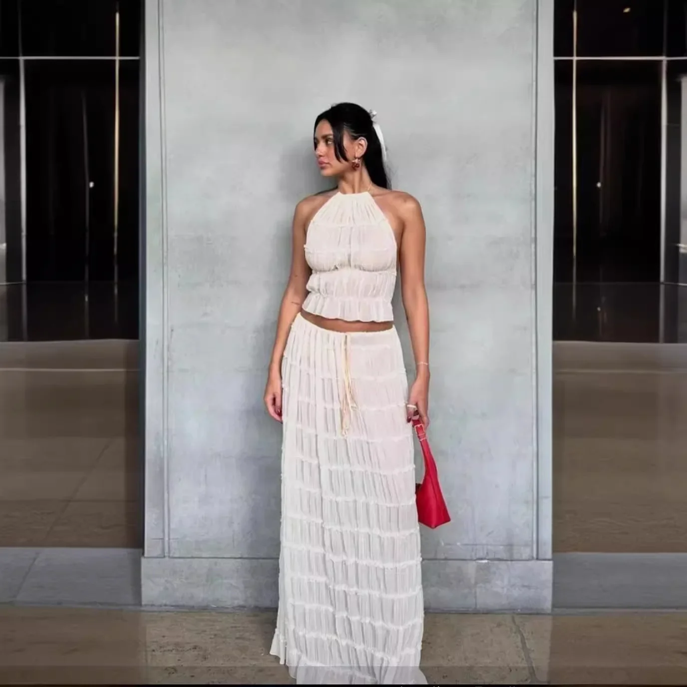 Fashion Solid Hang Neck Long Skirt Suit Women Backless Sling Top Lace Up Fold Maxi Skirts Spring Summer Female 2 Piece Set