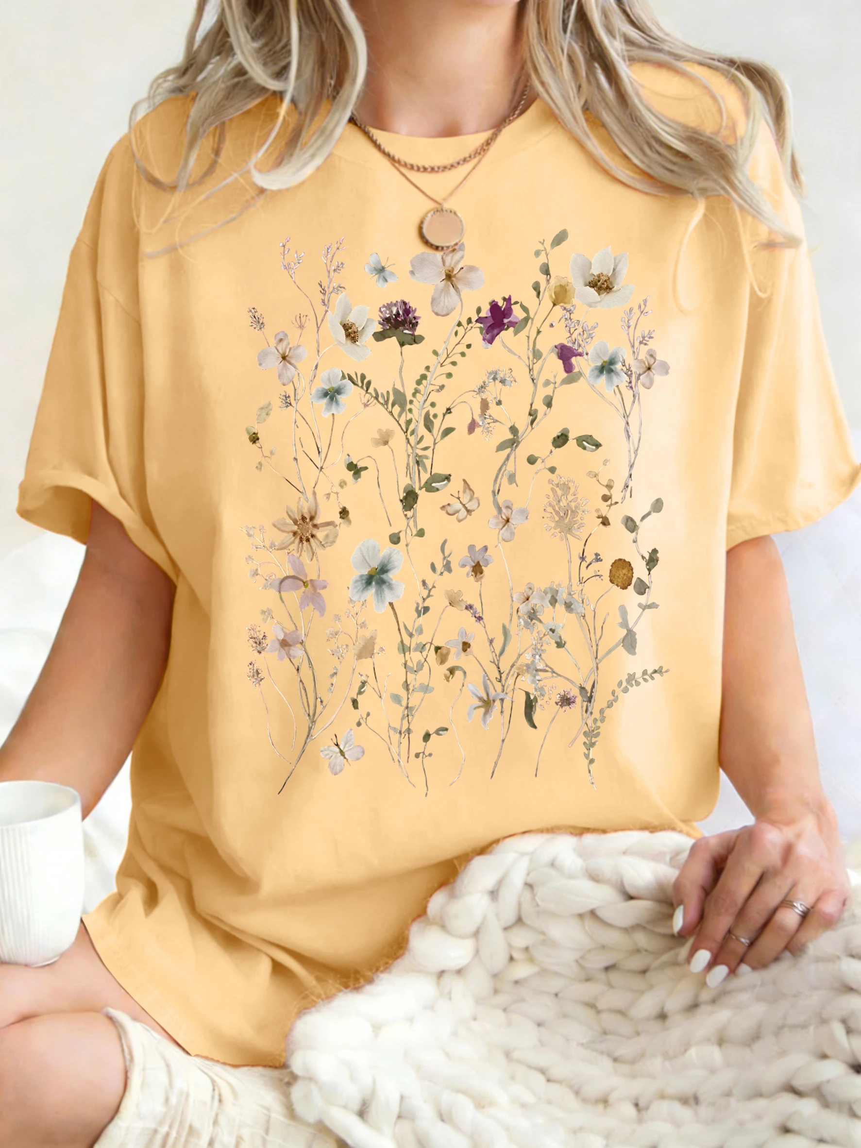 Beautiful Flower Clusters Printing Woman T-Shirt Summer Oversized Short Sleeve O-Neck Cotton T Shirts Y2K Women Sports Tops