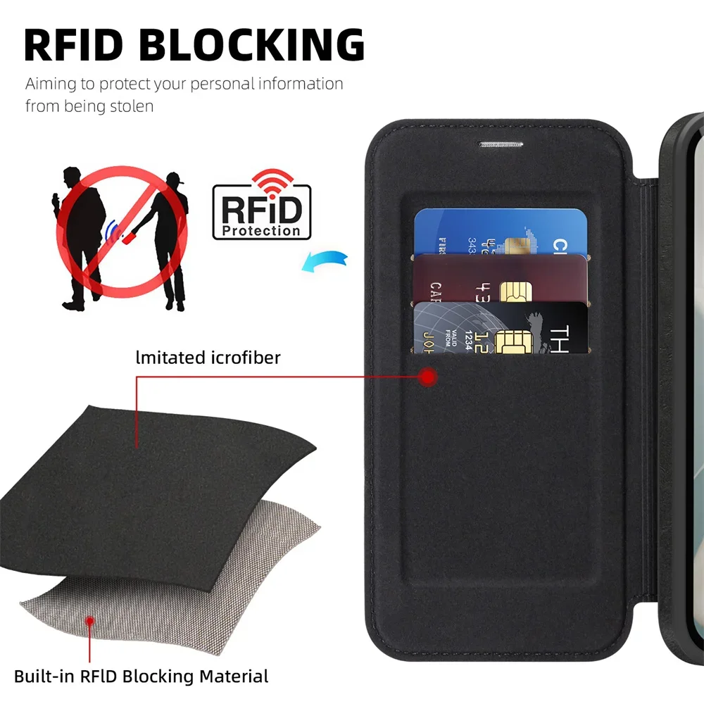 RFID Blocking Leather Wallet with Card Holder & Electroplating for MagSafe Flip Phone Case