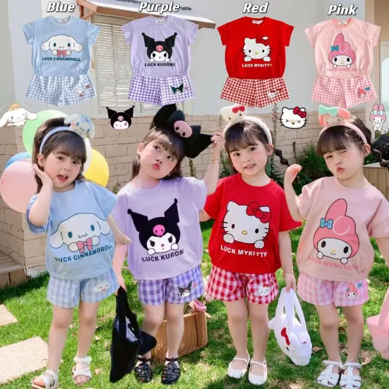 

Summer 2023 Sanrio Girls' Set Kuromi Cinnamoroll Cartoon Plaid T-Shirt Shorts Fashionable and Breathable Kawaii Two Piece Set