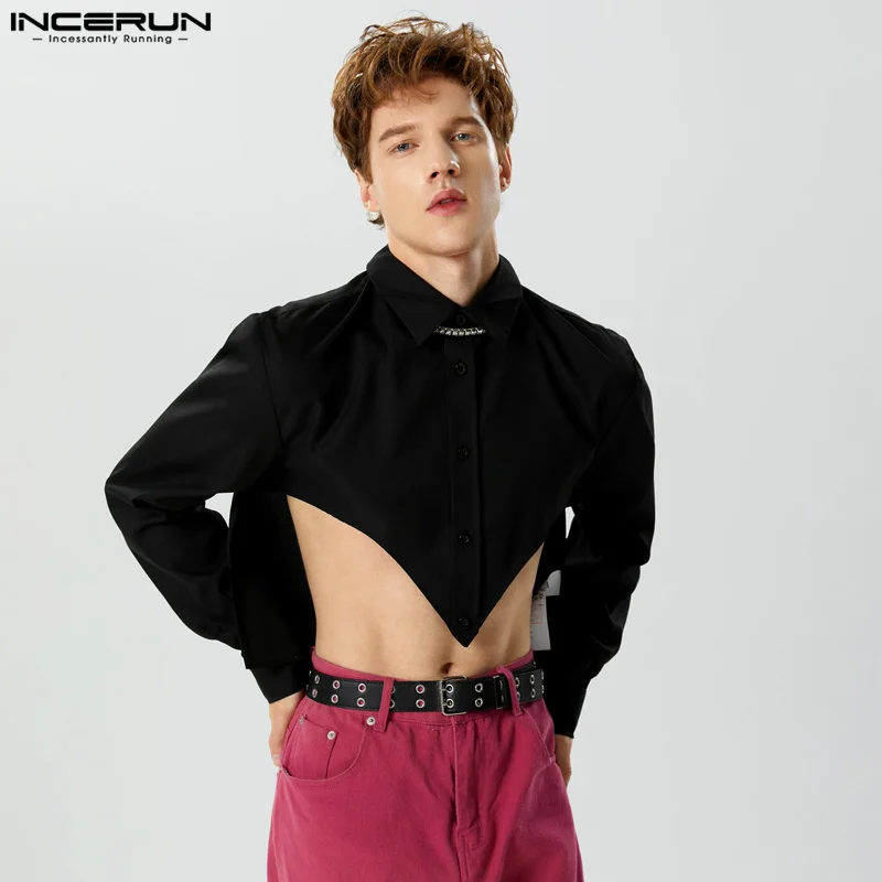 

2023 Men Irregular Shirts Solid Color Lapel Long Sleeve Casual Men Clothing Button Sexy Streetwear Fashion Camisas S-3XL INCERUN