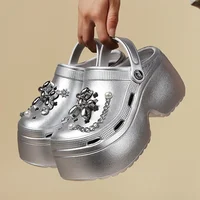 New Women's Silver Platform Clogs Summer 2025 Comfortable Slip on Wedge Sandals Woman Fashion Chain Thick Sole Garden Shoes Lady - Image 3