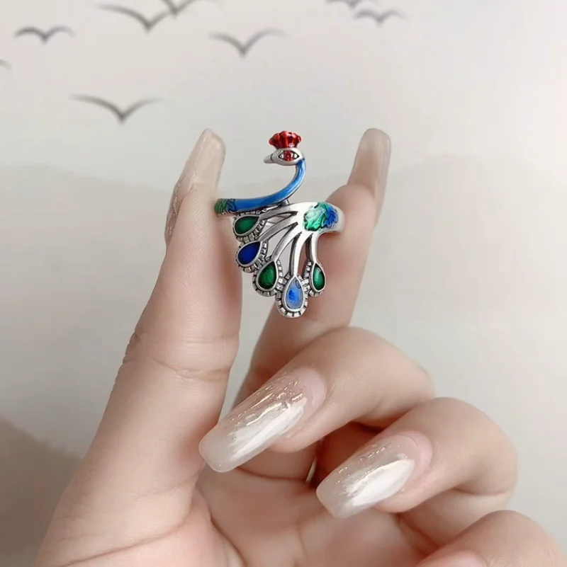 Monkton Wholesale 925 Sterling Silver Color Peacock Rings for Women Jewelry Live Burn Blue Craft Phoenix Animal Ring 2023 Trend