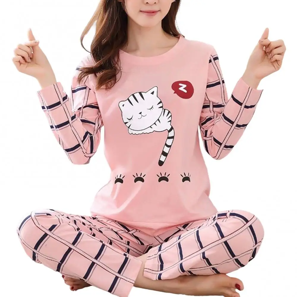 

Winter Cute Cartoon Cater Print Pajamas Long Sleeve Two Piece Home Wear Women Casual O-Neck Pyjamas
