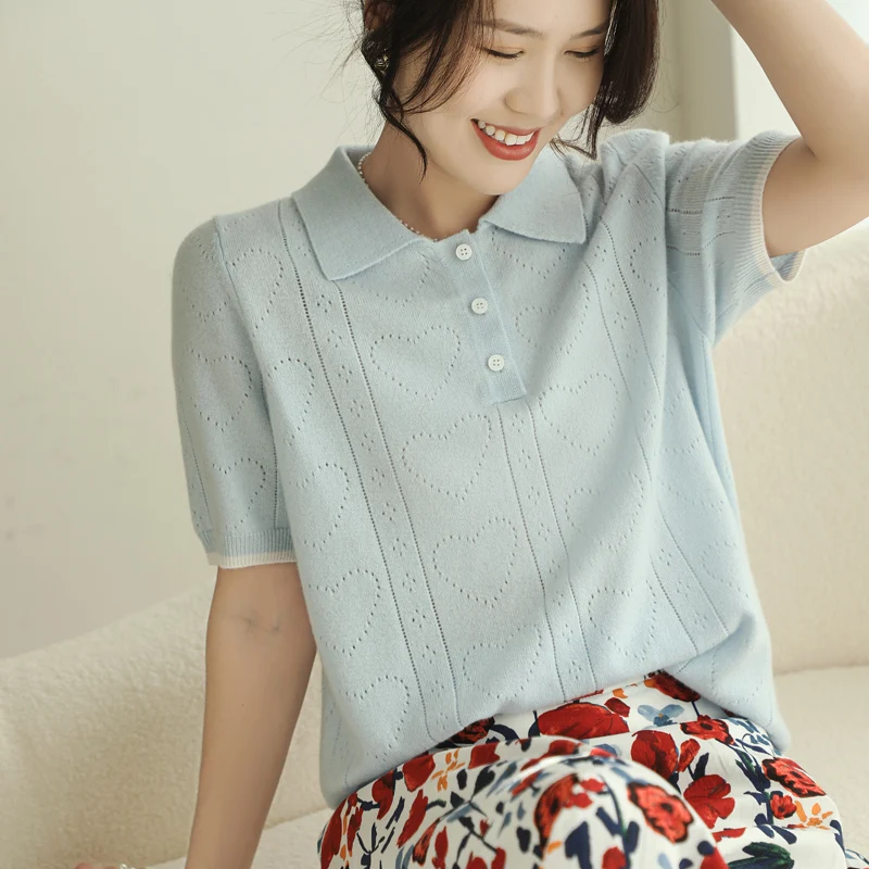 

Loose Polo Neck 100% Pure Cashmere Knitted Sweater Women's Short Sleeve Thin Sweater 2023 Spring and Summer Fashion New T-shirt