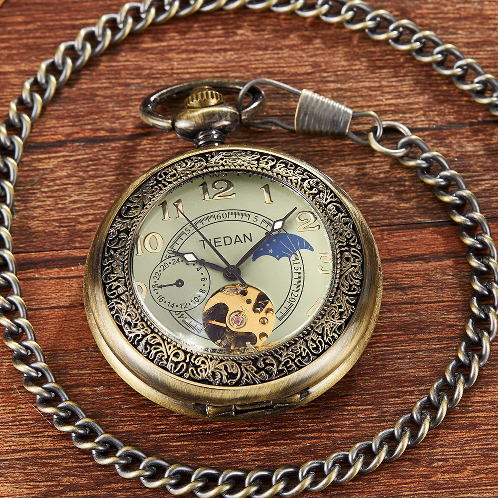 Antique Bronze Mechanical Pocket Watch Skeleton Steampunk Pendant Clock Hot Sale Chains FOB Pattern Engraving Men reloj hombre