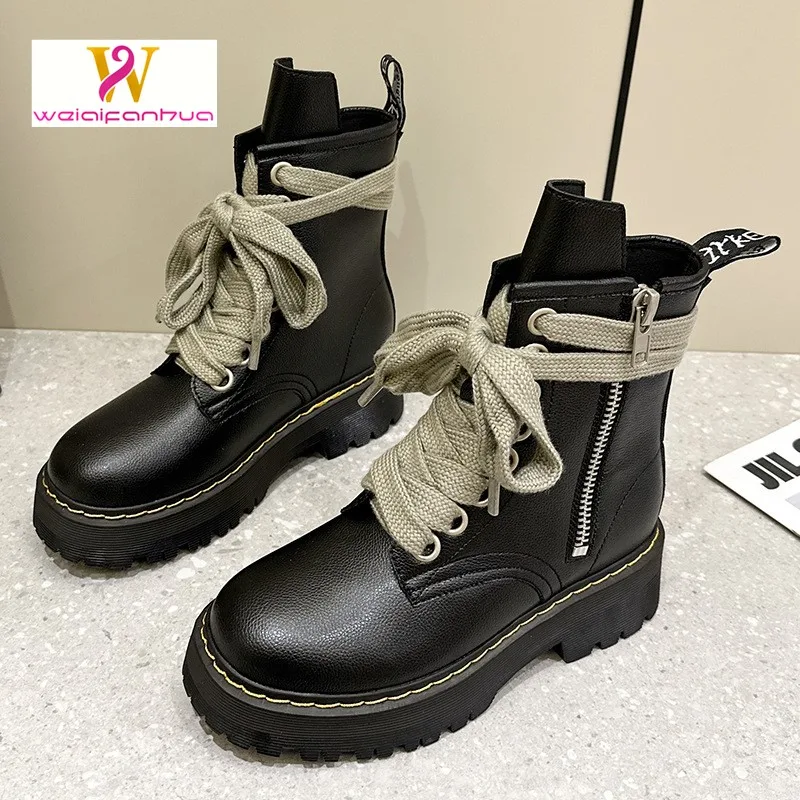 

Women's Marton Boots Genuine Leather 2023 Winter Laces English Women's Ankle Boots Non Slip Short Boots Women's Platform Boots