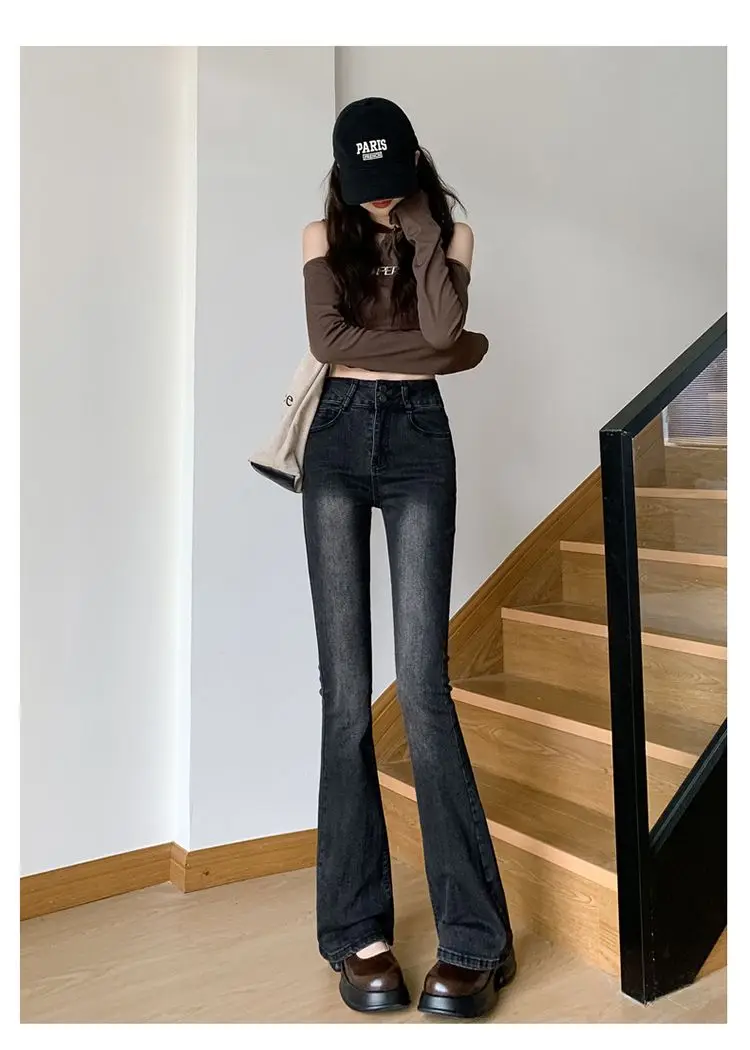 Women Jeans New Micro-labelled Jeans Female Fall and Winter High-waisted Elastic Thin Washed and Old Design Sense of Drag Pants